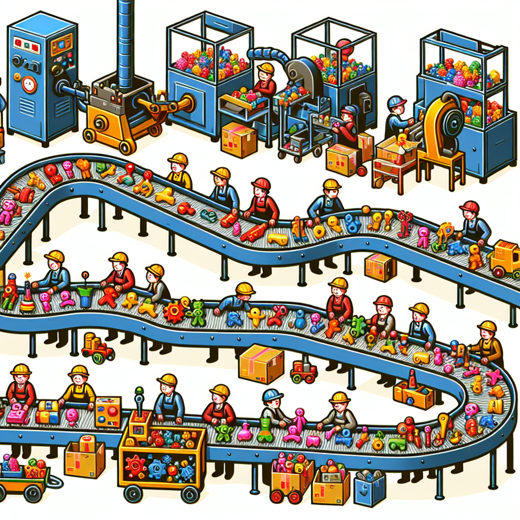 Toy manufacturing facility with colorful toys and machinery