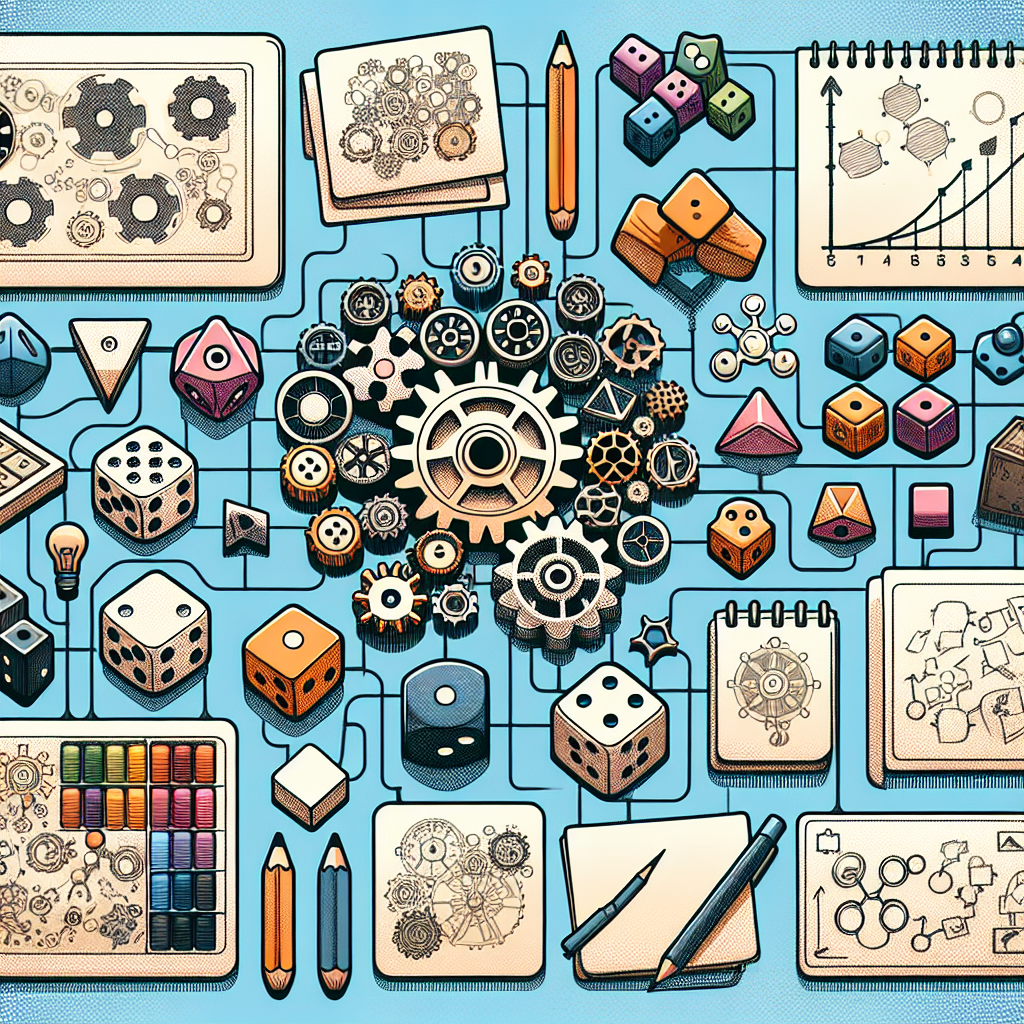 Board game design process with pieces, dice, and sketches