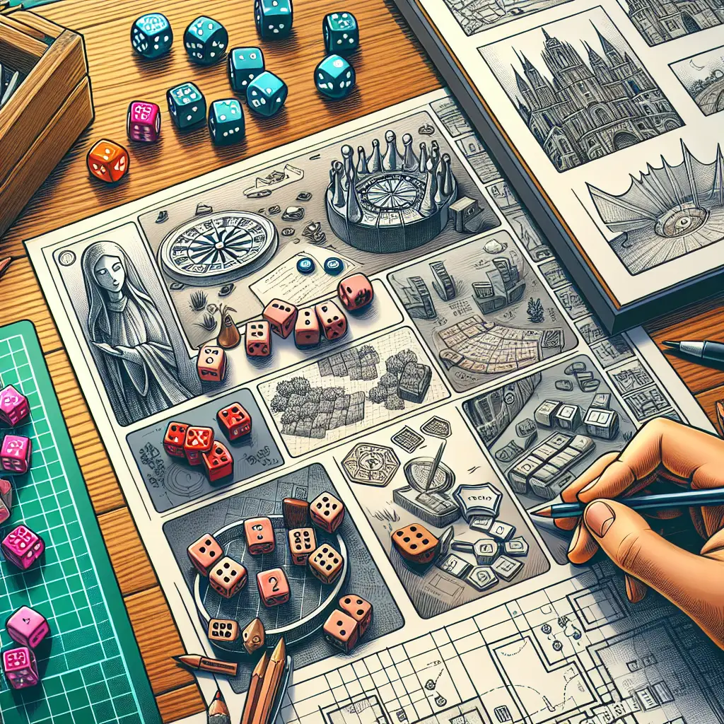 Board game design concept with sketches and game pieces