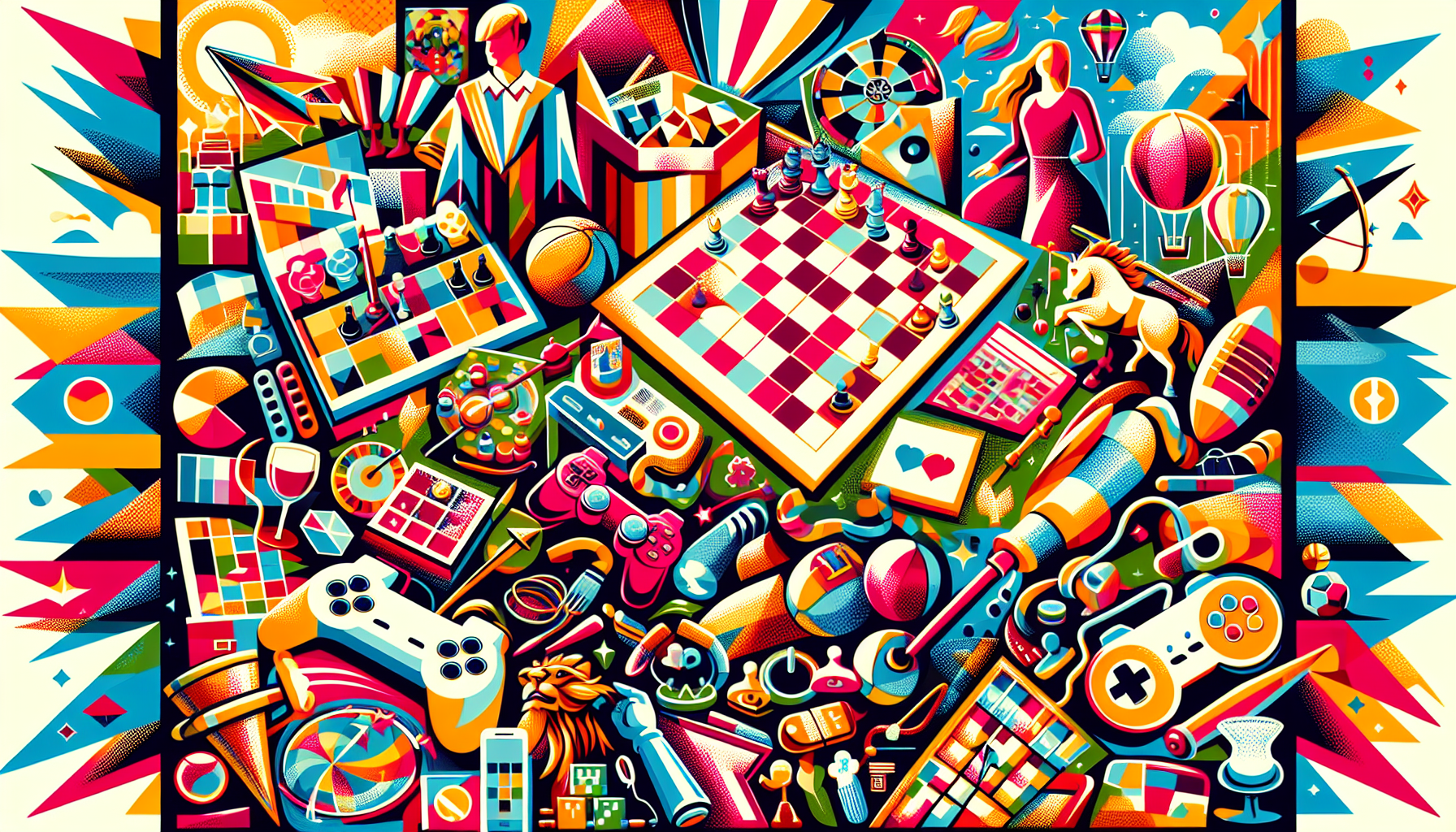 A colorful assortment of crazy games including board games, video games, and outdoor activities.