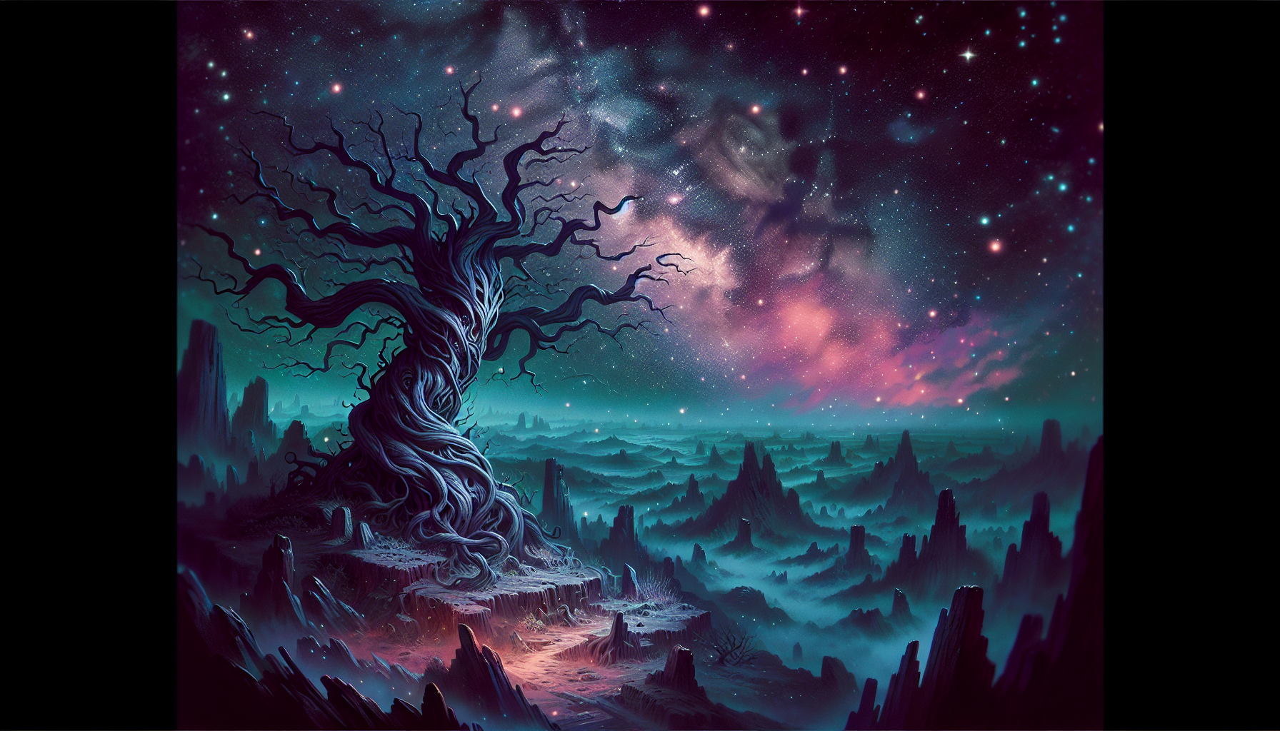 Eldritch horror landscape with a twisted tree and starry sky